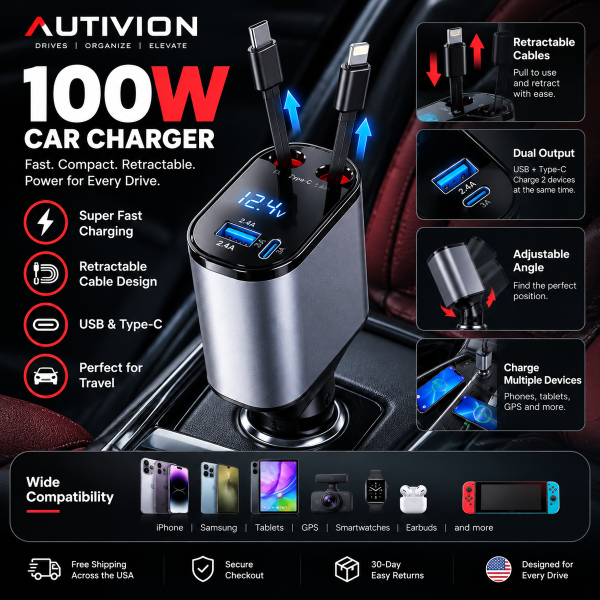 100W Retractable Car Charger – Dual USB & Type-C Fast Charging