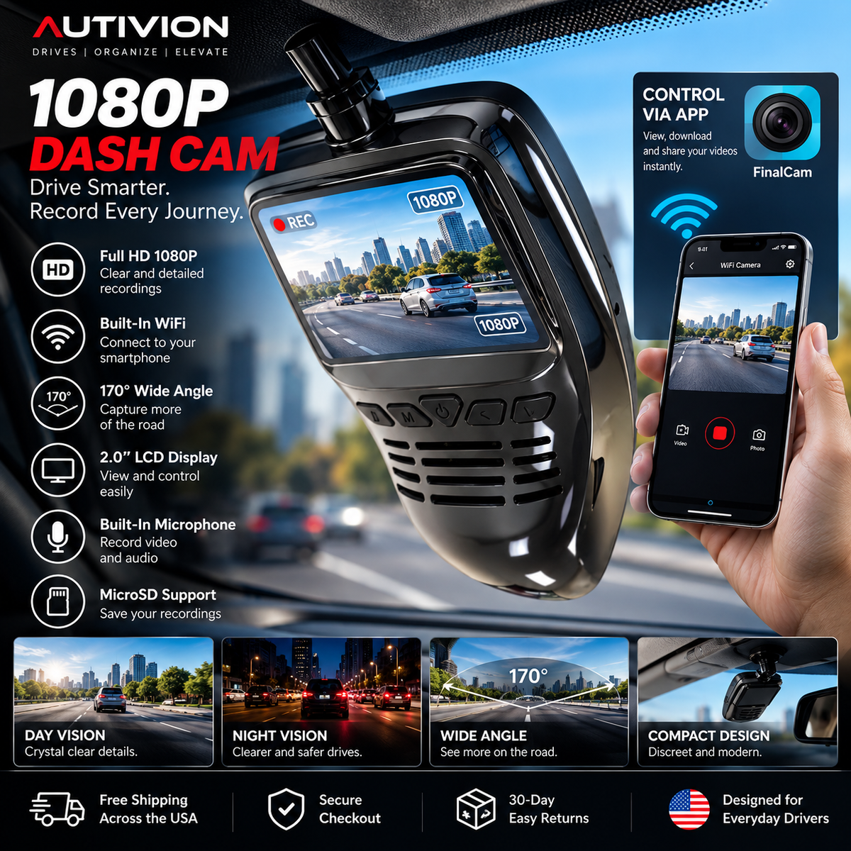 1080P WiFi Dash Cam – Compact Full HD Car DVR Recorder
