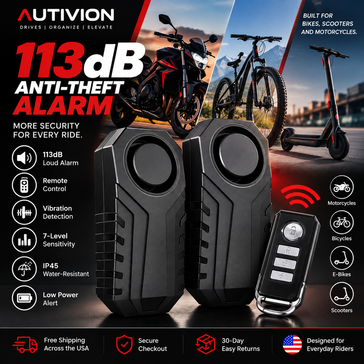 113dB Anti-Theft Alarm for Motorcycle, Bike & Scooter