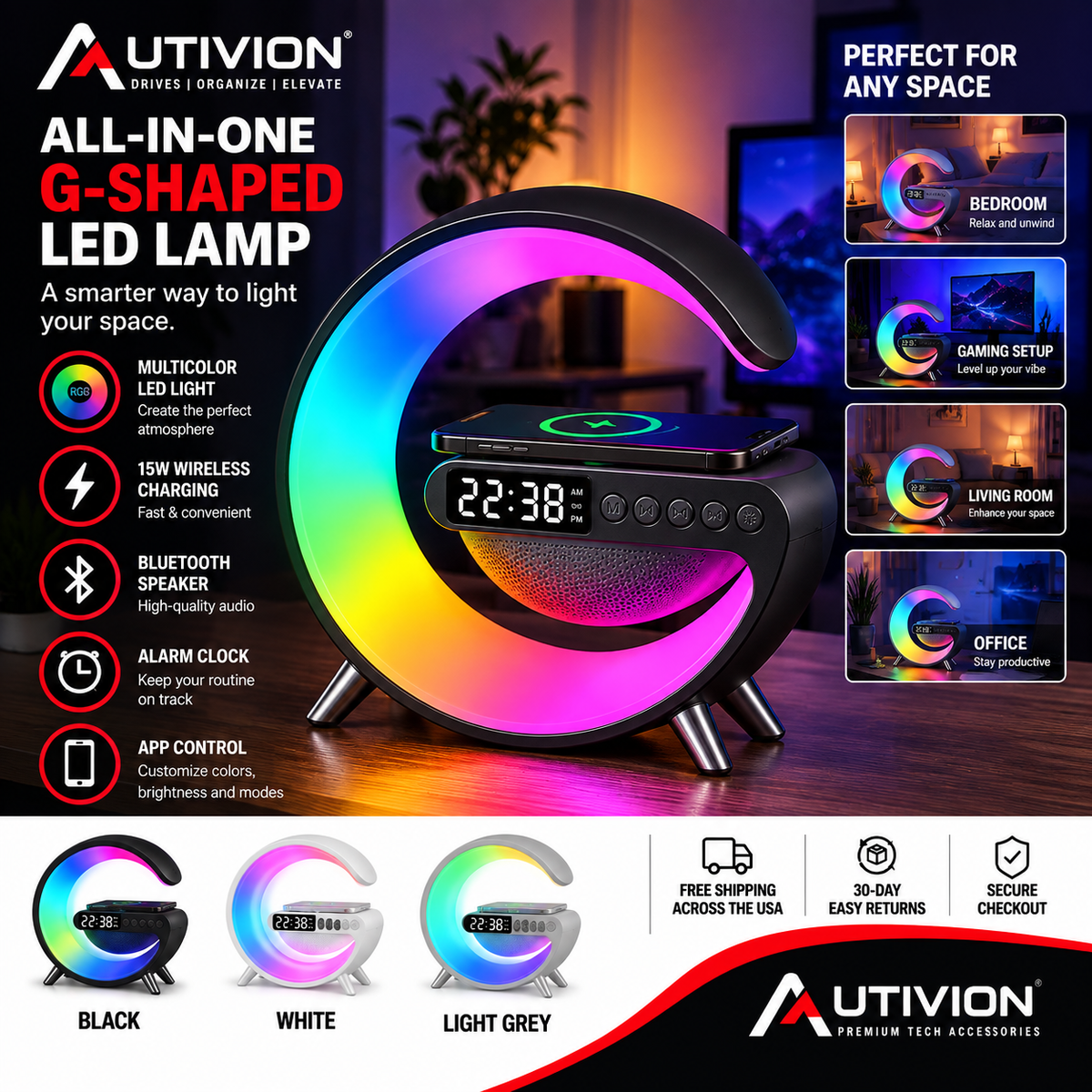AUTIVION G-Shaped LED Lamp – Wireless Charger, Bluetooth Speaker & Alarm Clock