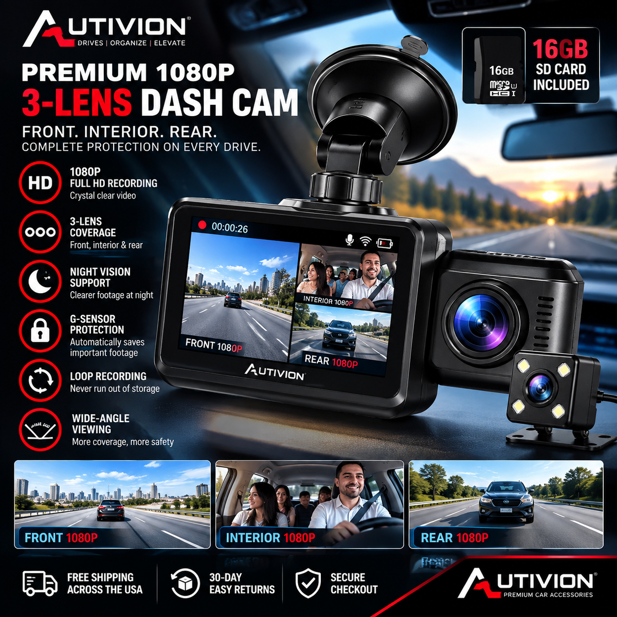 Premium 1080P Dash Camera - 3 Lens Driving Recorder with 16GB SD Card