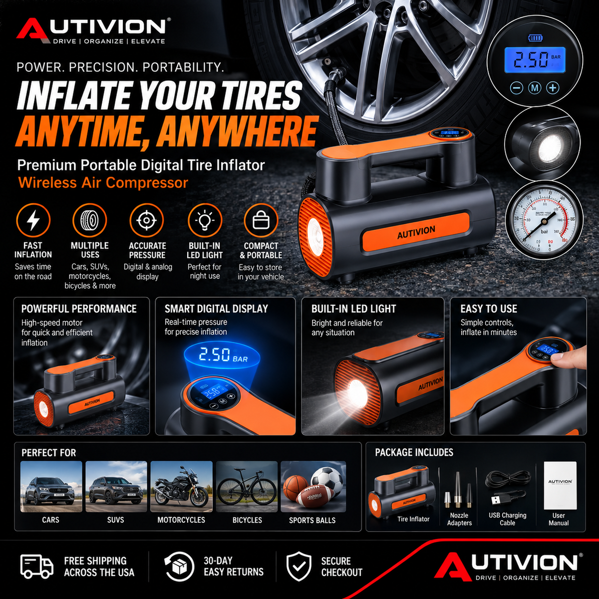 Premium Portable Digital Tire Inflator – Wireless Air Compressor