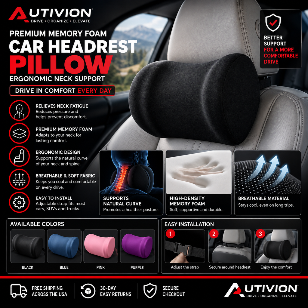 Premium Memory Foam Car Headrest Pillow – Ergonomic Neck Support