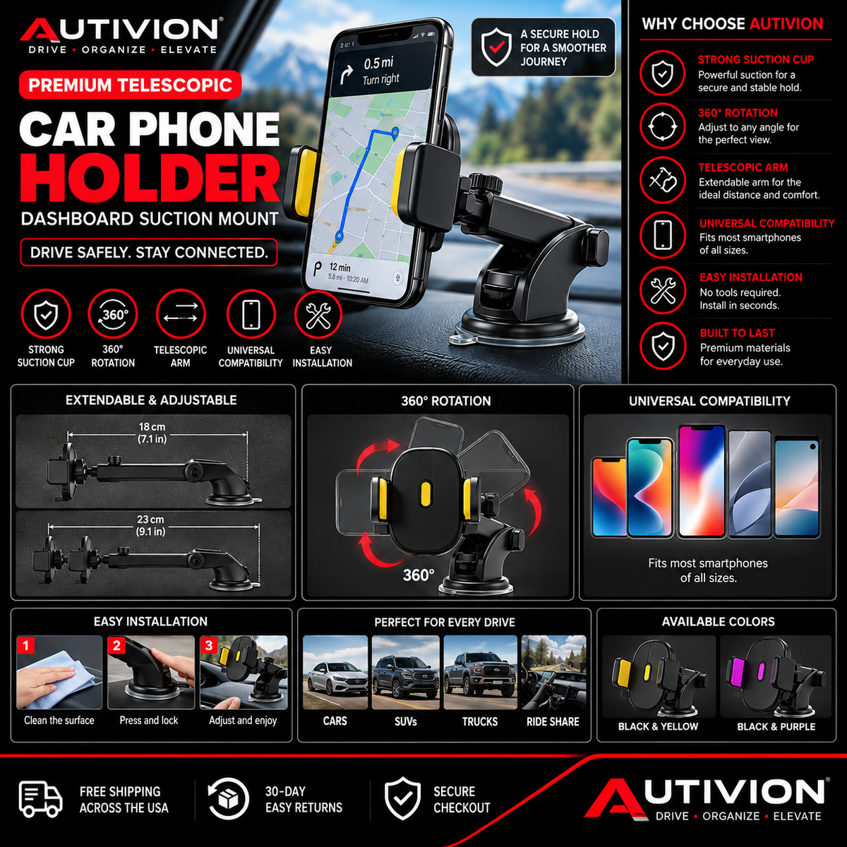Premium Telescopic Car Phone Holder – Dashboard Suction Mount