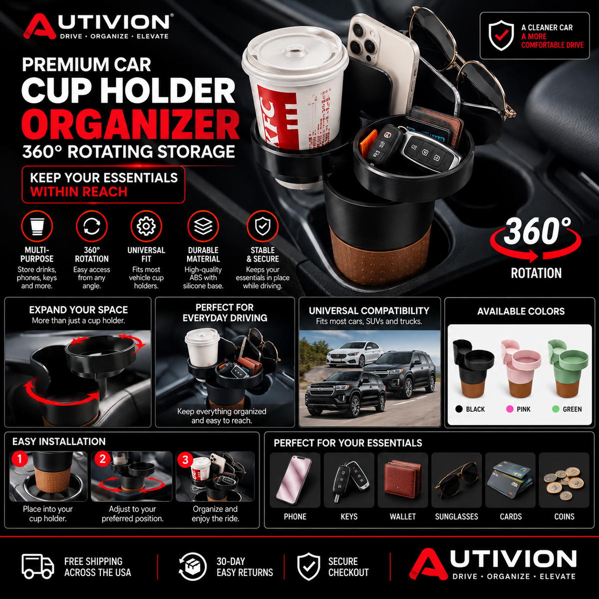 Premium Car Cup Holder Organizer – 360° Rotating Storage for Phone, Keys & Drinks