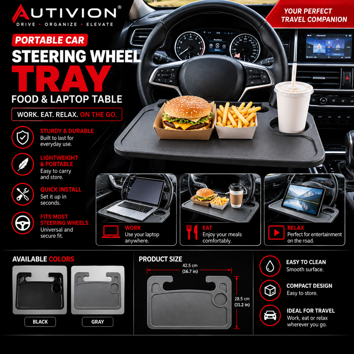 Portable Car Steering Wheel Tray – Food & Laptop Table