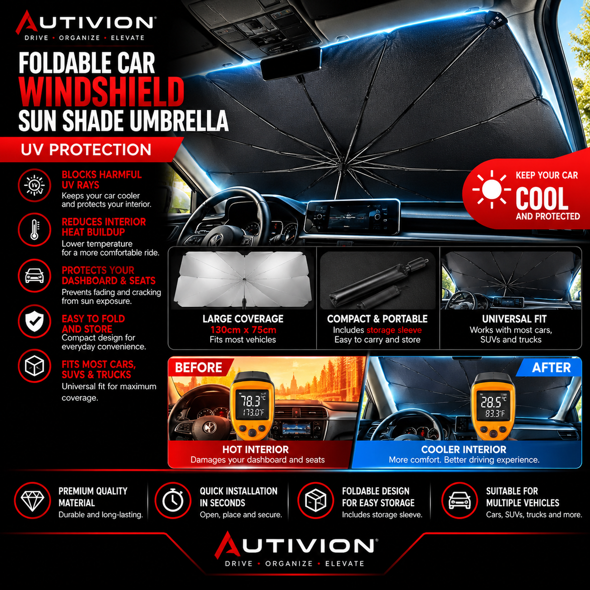 Foldable Car Windshield Sun Shade Umbrella – UV Protection