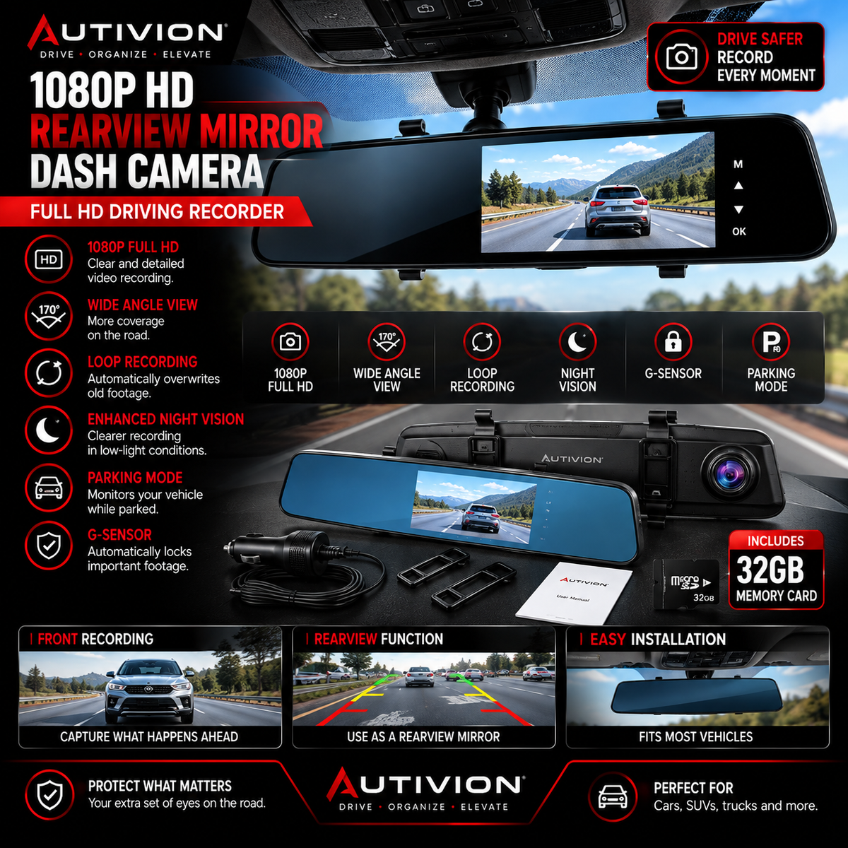 1080P HD Rearview Mirror Dash Camera – Full HD Driving Recorder