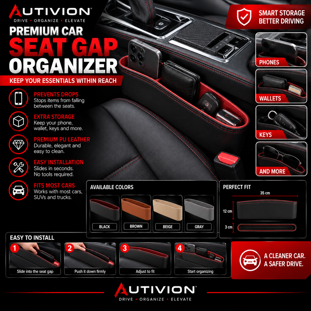 Premium Car Seat Gap Organizer – PU Leather Storage Box