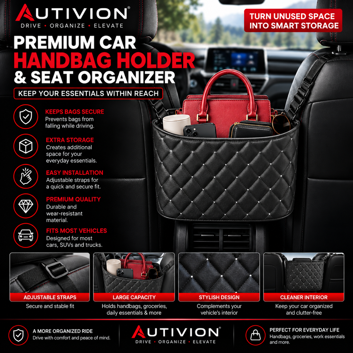 Premium Car Handbag Holder & Seat Organizer – Front Seat Storage Bag